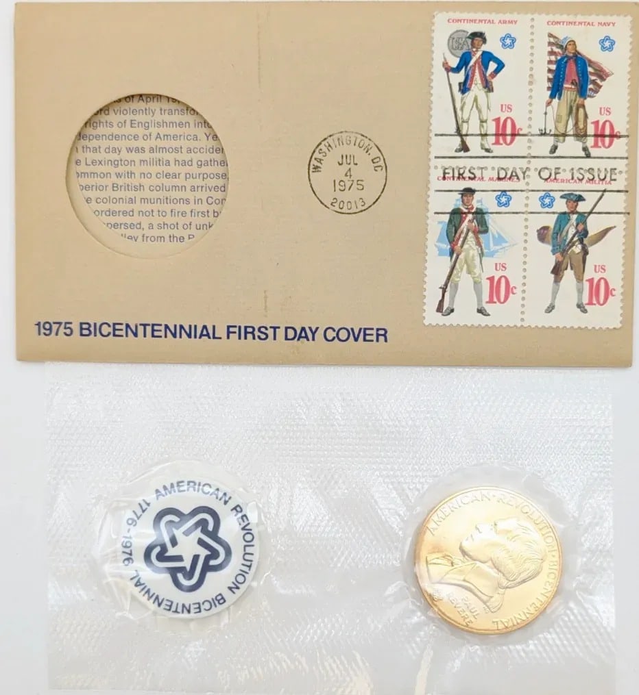 1975 American Revolution Bicentennial Commemorative Medal & Stamp - 2
