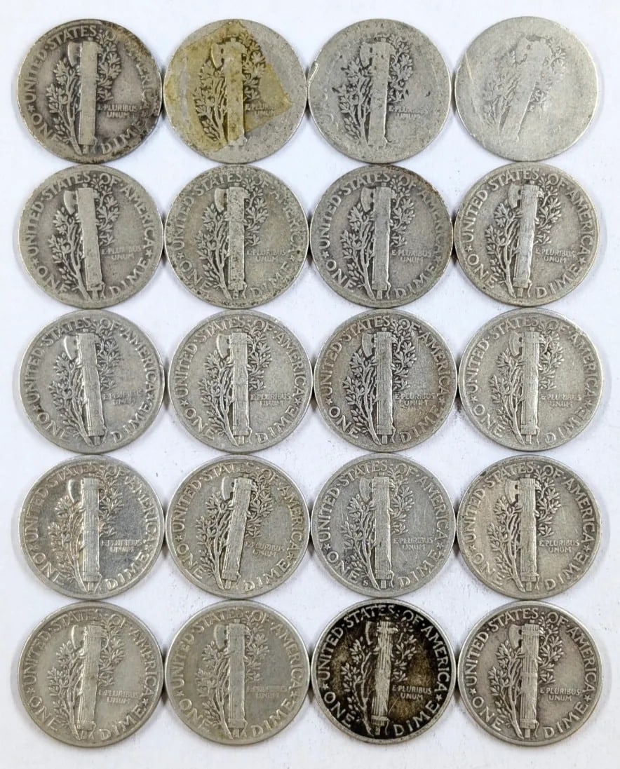 Lot of 20 Silver Mercury Dimes - 1916-1945 - 2