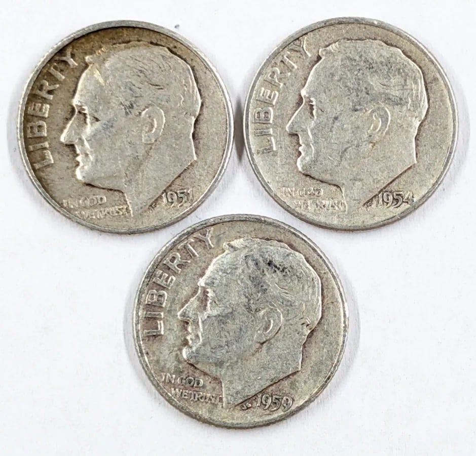 Lot of 3 Silver Roosevelt Dimes - 1951, 1954, 1959-D: _