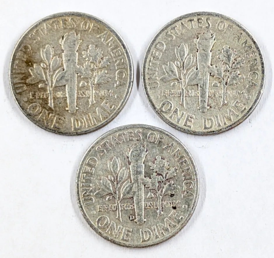Lot of 3 Silver Roosevelt Dimes - 1951, 1954, 1959-D - 2