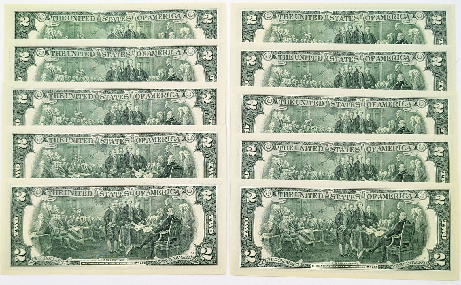 Lot of 10 Uncirculated Sequential 2013 $2 Notes- Green Seal - 2