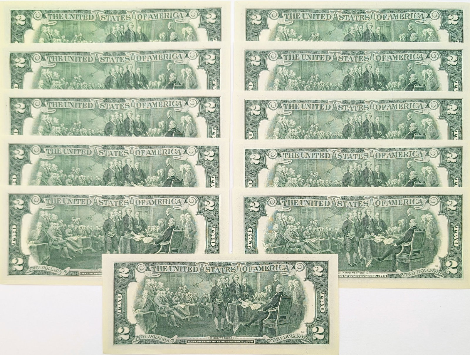 Lot of 11 Uncirculated Sequential 2013 $2 Notes- Green Seal - 2