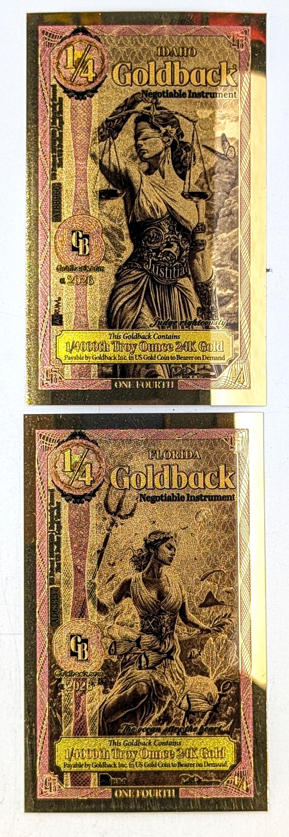 Lot of 2 - 2026 1/4 Goldbacks 1/4000th Troy Ounce 24K Gold each- Idaho, Florida: _