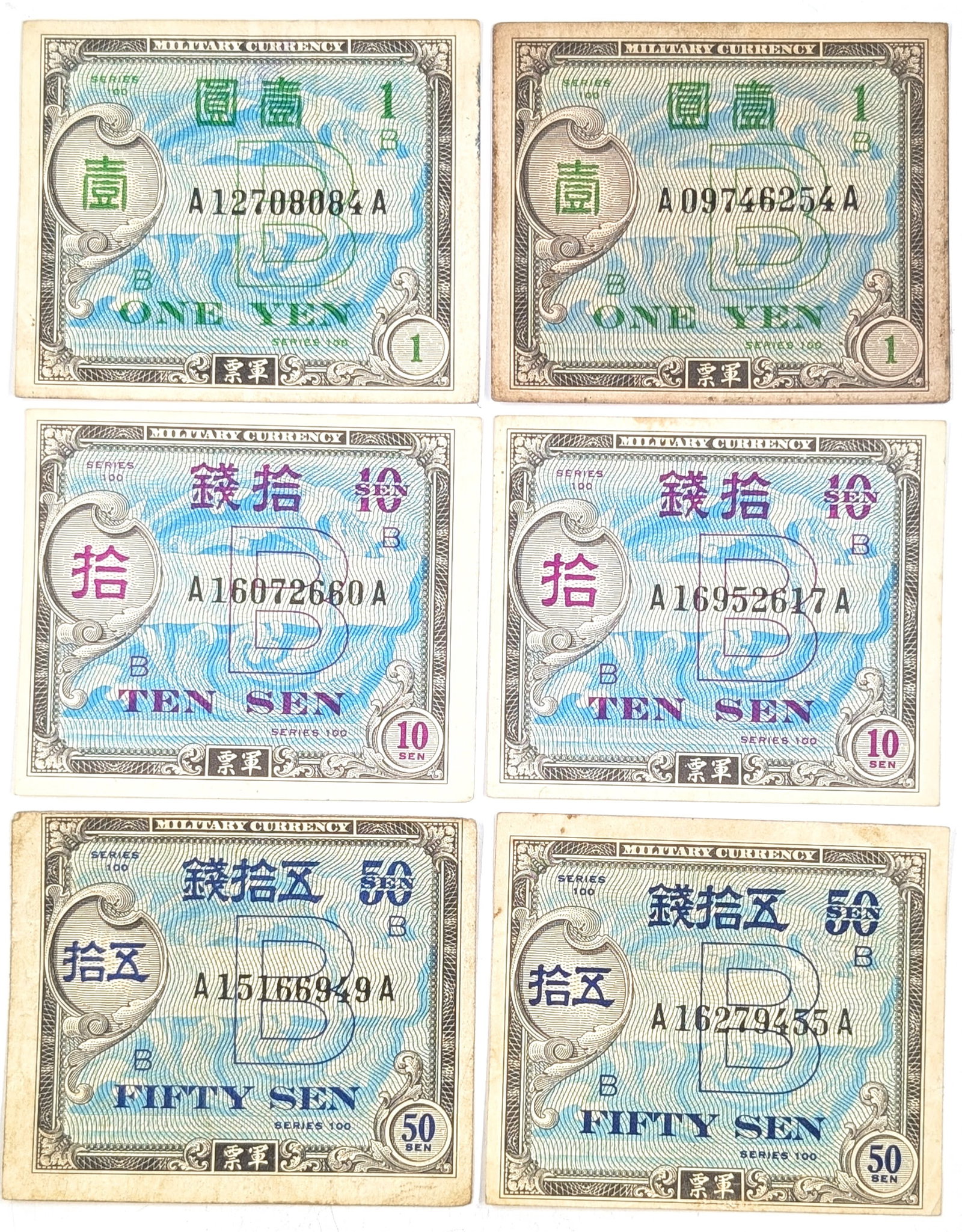 Lot of 6 Japanese Allied Military Currency- 1 Yen, 10 Sen, 50 Sen (1 of 2)