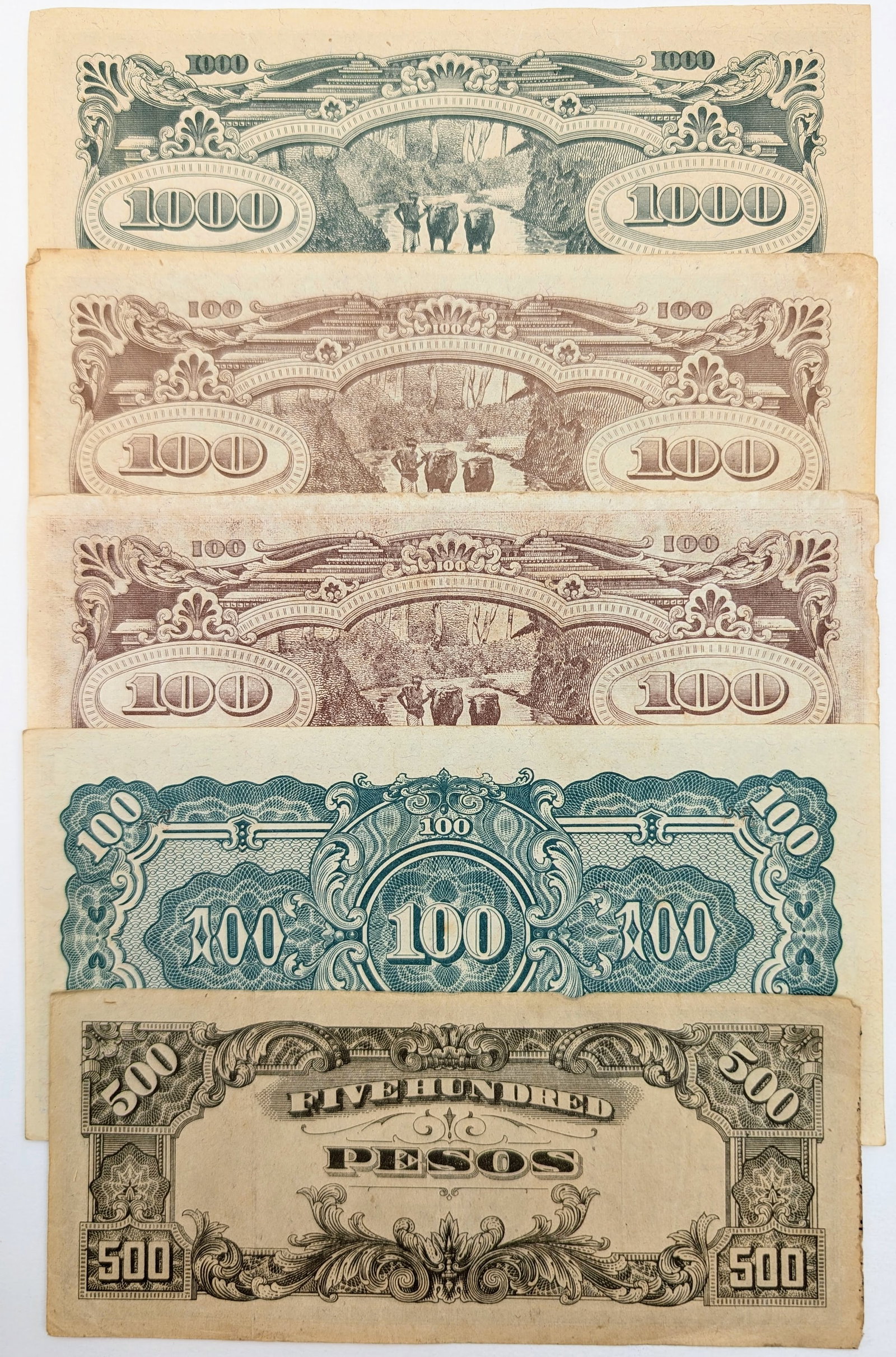 Lot of 5 Japanese Government Invasion Notes- 100 Rupees, 500 Pesos, etc - 2