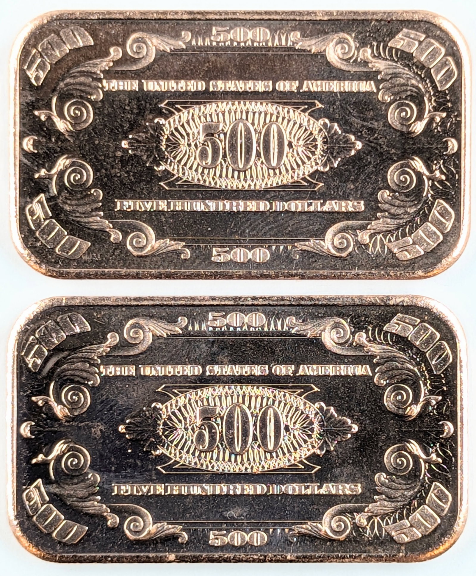 Lot of 2 - 1 Ounce (each) Fine .999 Copper Bars- 500 Design: _
