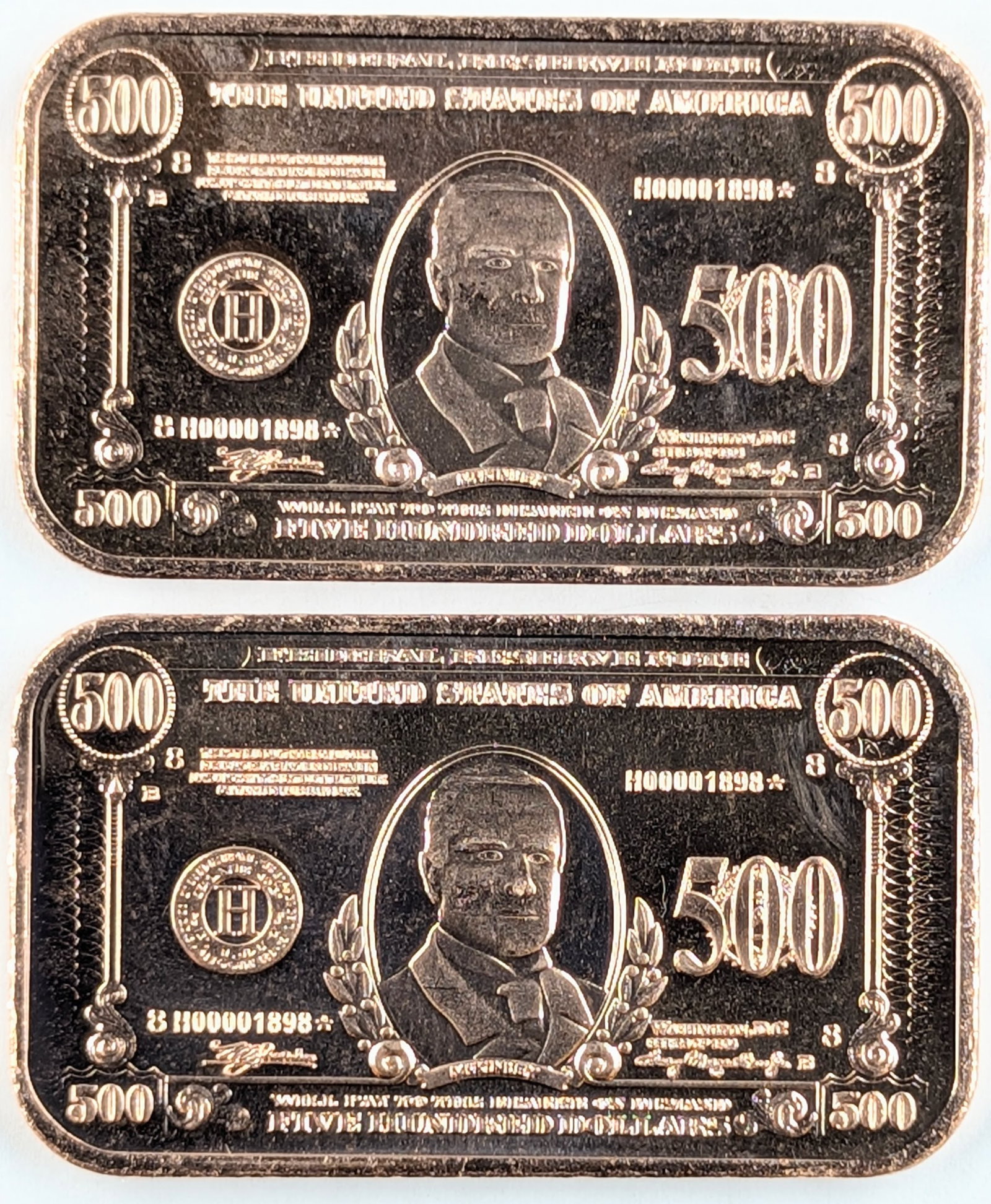Lot of 2 - 1 Ounce (each) Fine .999 Copper Bars- 500 Design - 2