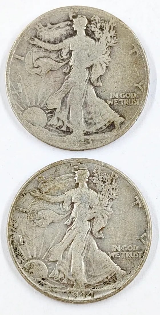 Lot of 2 Silver Walking Liberty Half Dollars - 1943-D, 1944: _