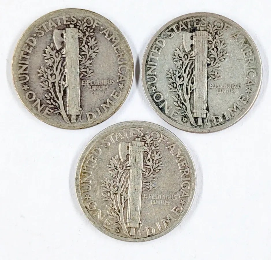 Lot of 3 Silver Mercury Dimes - 1943 P/D/S - 2