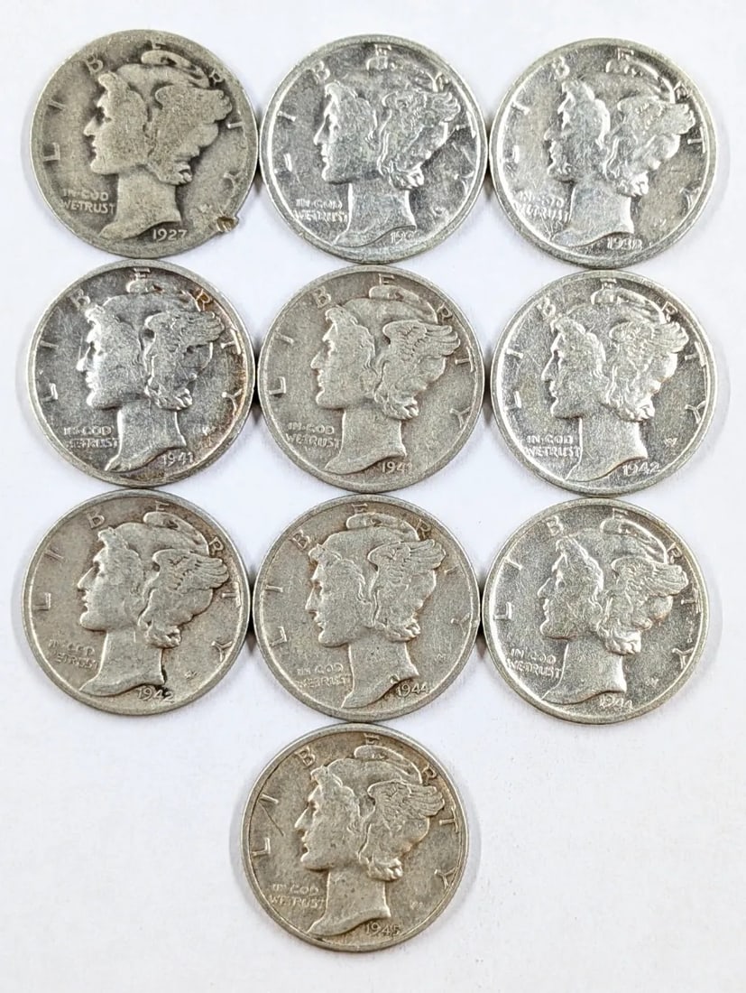 Lot of 10 Silver Mercury Dimes - 1927-1945: _