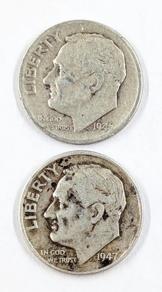 Lot of 2 Silver Roosevelt Dimes - 1946, 1947-D: _