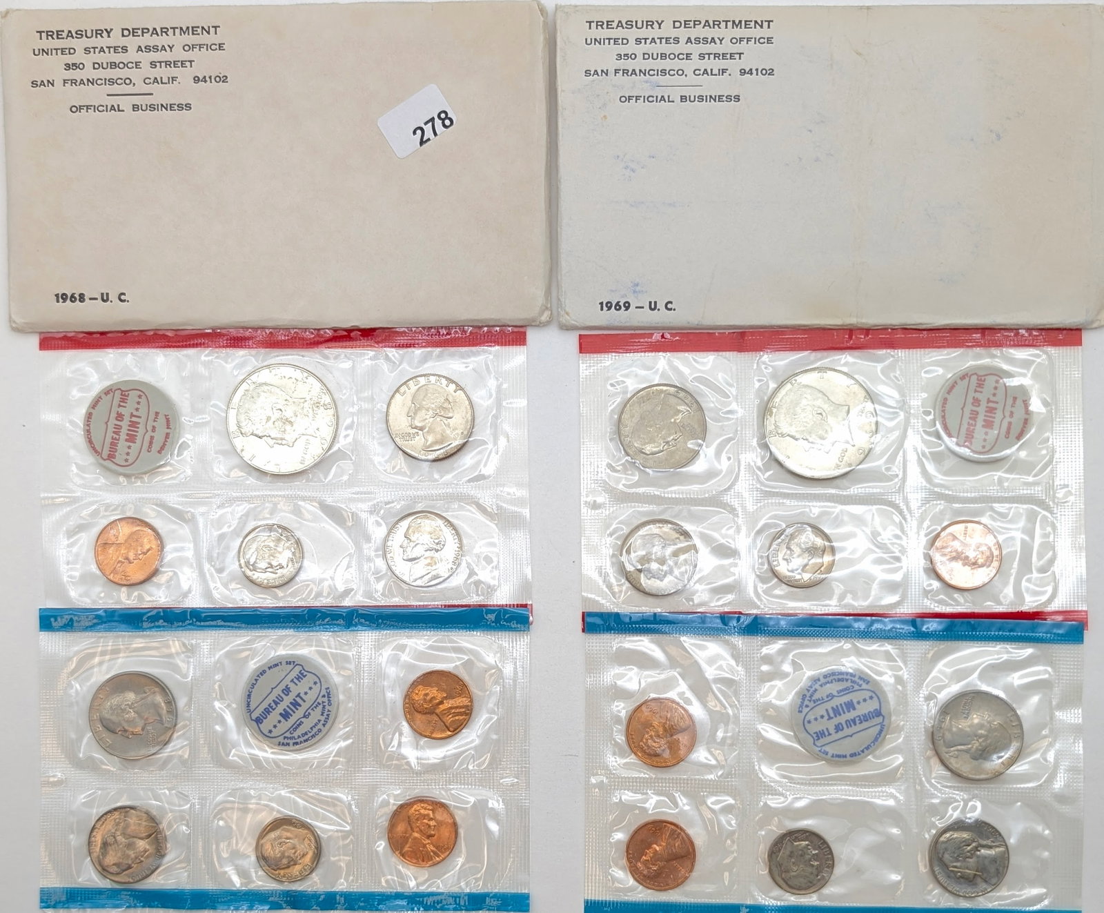 Lot of 2 US Mint Uncirculated Sets w/ Silver JFK Halfs- 1968, 1969: 40% Silver