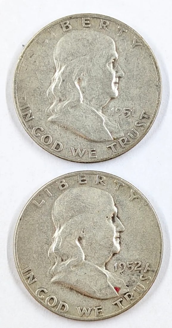 Lot of 2 Silver Franklin Half Dollars - 1951-S, 1952-S: _