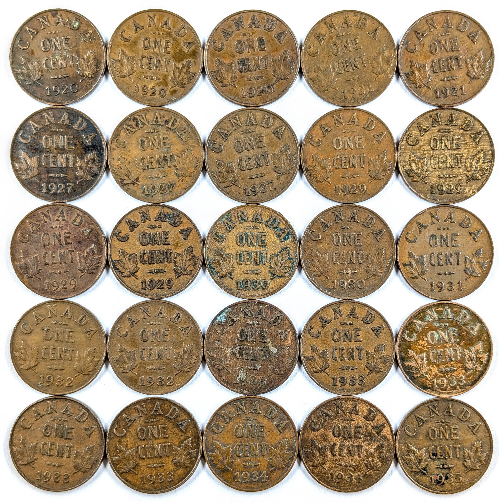 Lot of 25 Canadian One- Cent Coins- 1920-1935 - 2