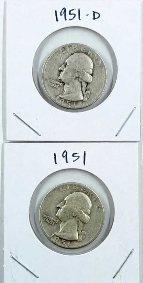 Lot of 2 Silver Washington Quarters - 1951 D/P: _