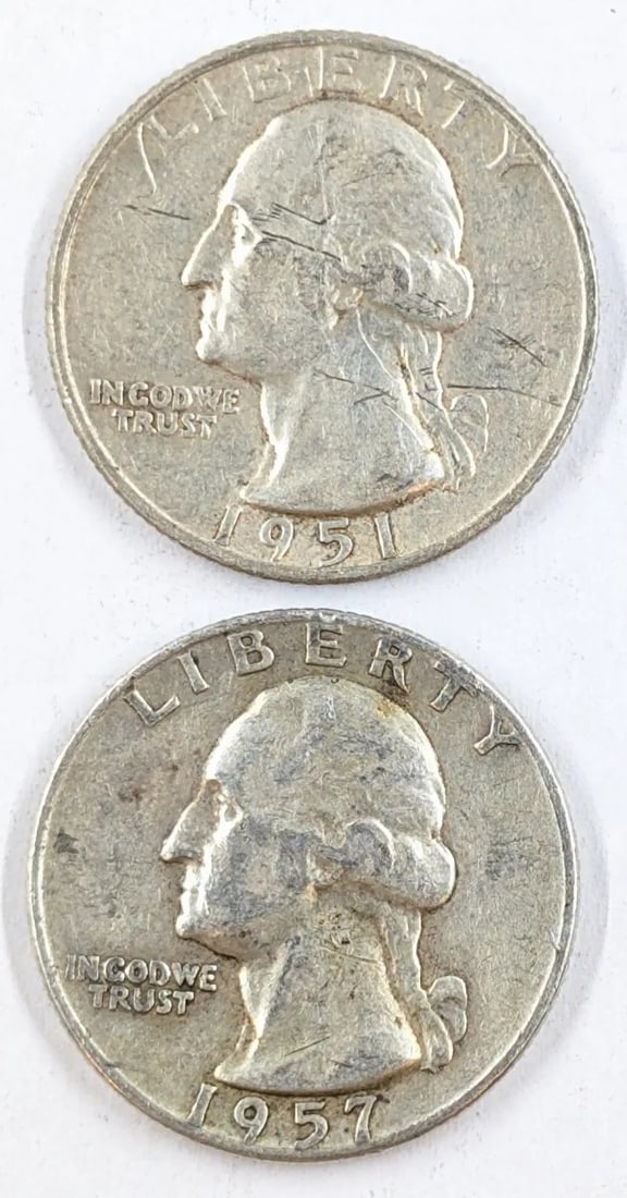 Lot of 2 Silver Washington Quarters - 1951, 1957-D: _