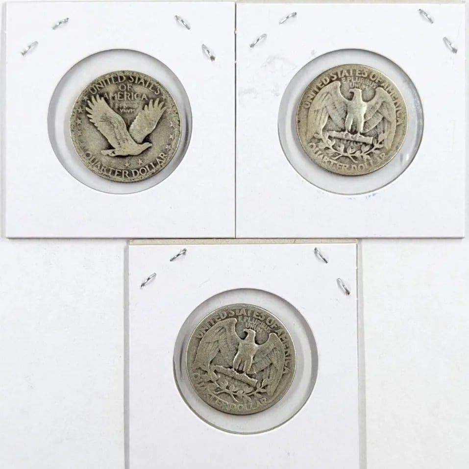 Lot of 3 Silver Quarters- Dateless Standing, 2 Washington- 1944, 1946 - 2