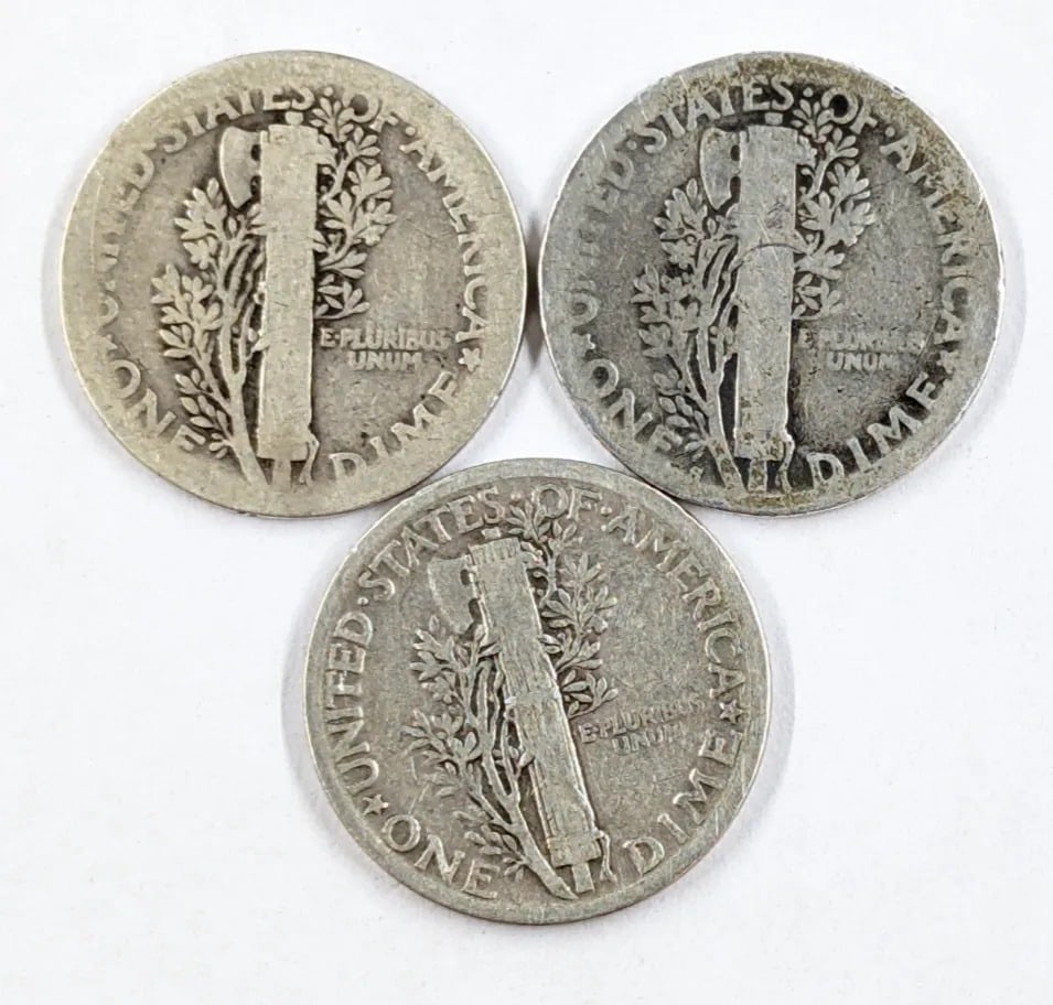 Lot of 3 Silver Mercury Dimes - 1943 P/D/S - 2