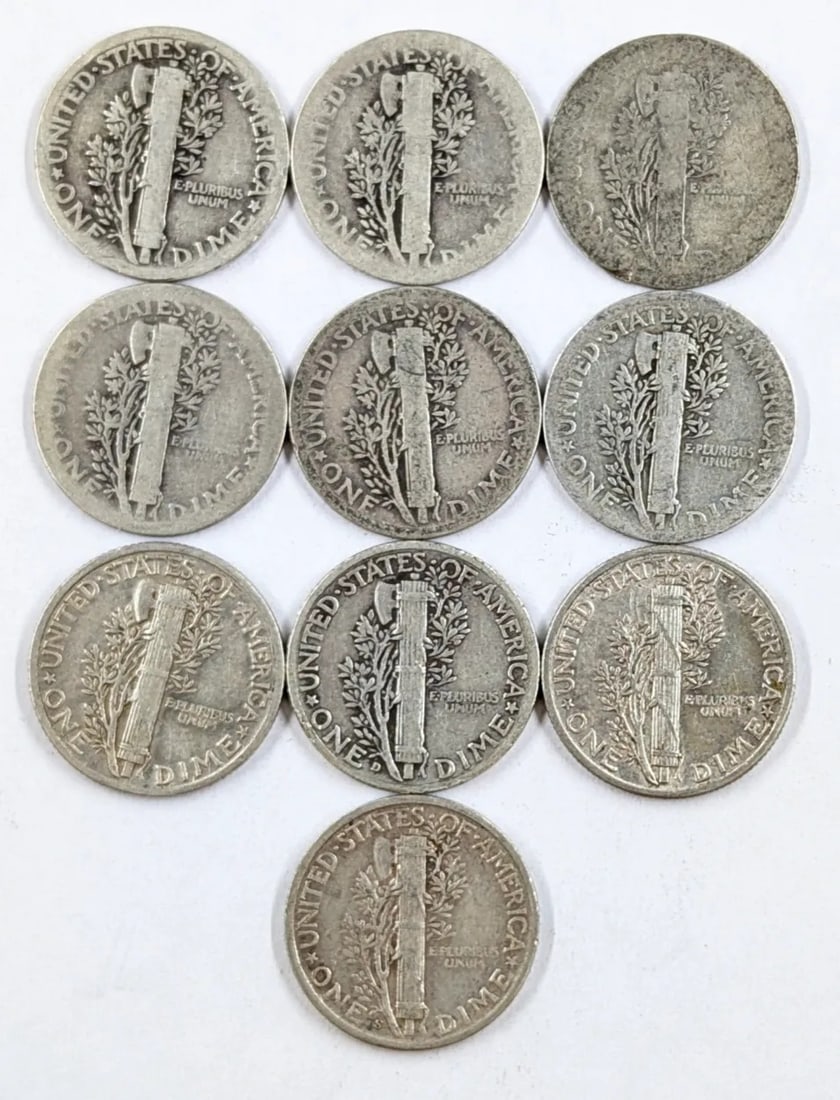 Lot of 10 Silver Mercury Dimes - 1917-1945 - 2