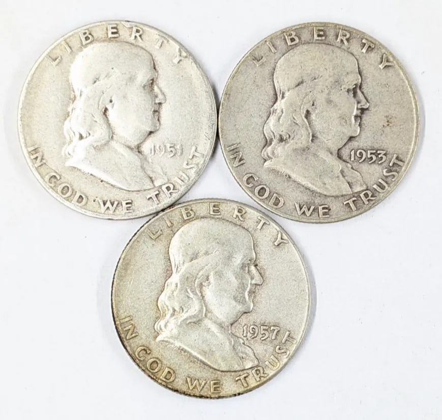 Lot of 3 Silver Franklin Half Dollars - 1951-S, 1953-S, 1957: _