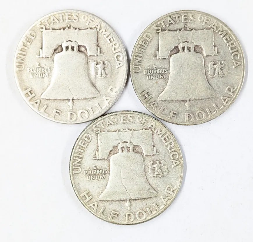 Lot of 3 Silver Franklin Half Dollars - 1951-S, 1953-S, 1957 - 2