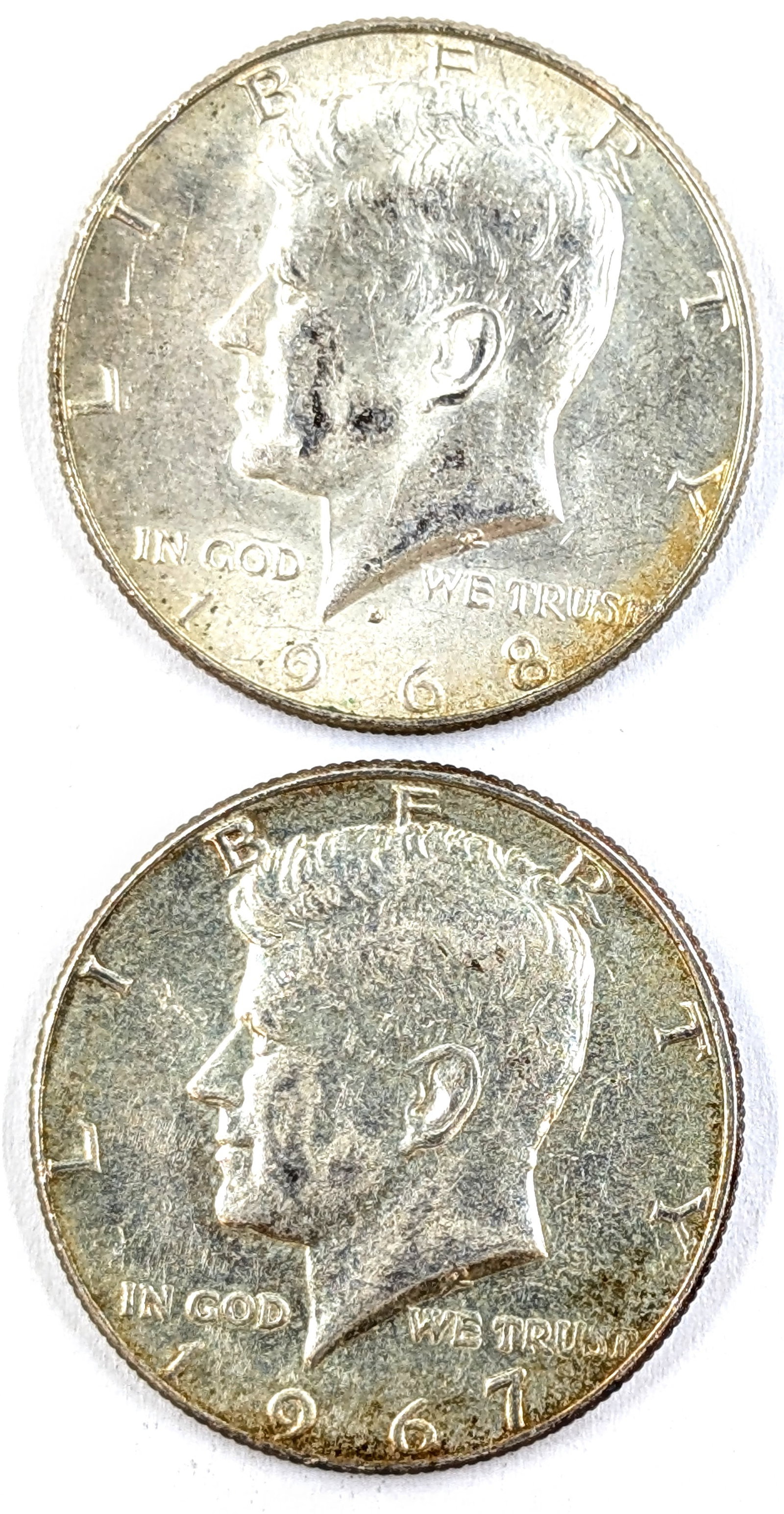Lot of 2 Silver JFK Half Dollars 1967, 1968 (40%): _
