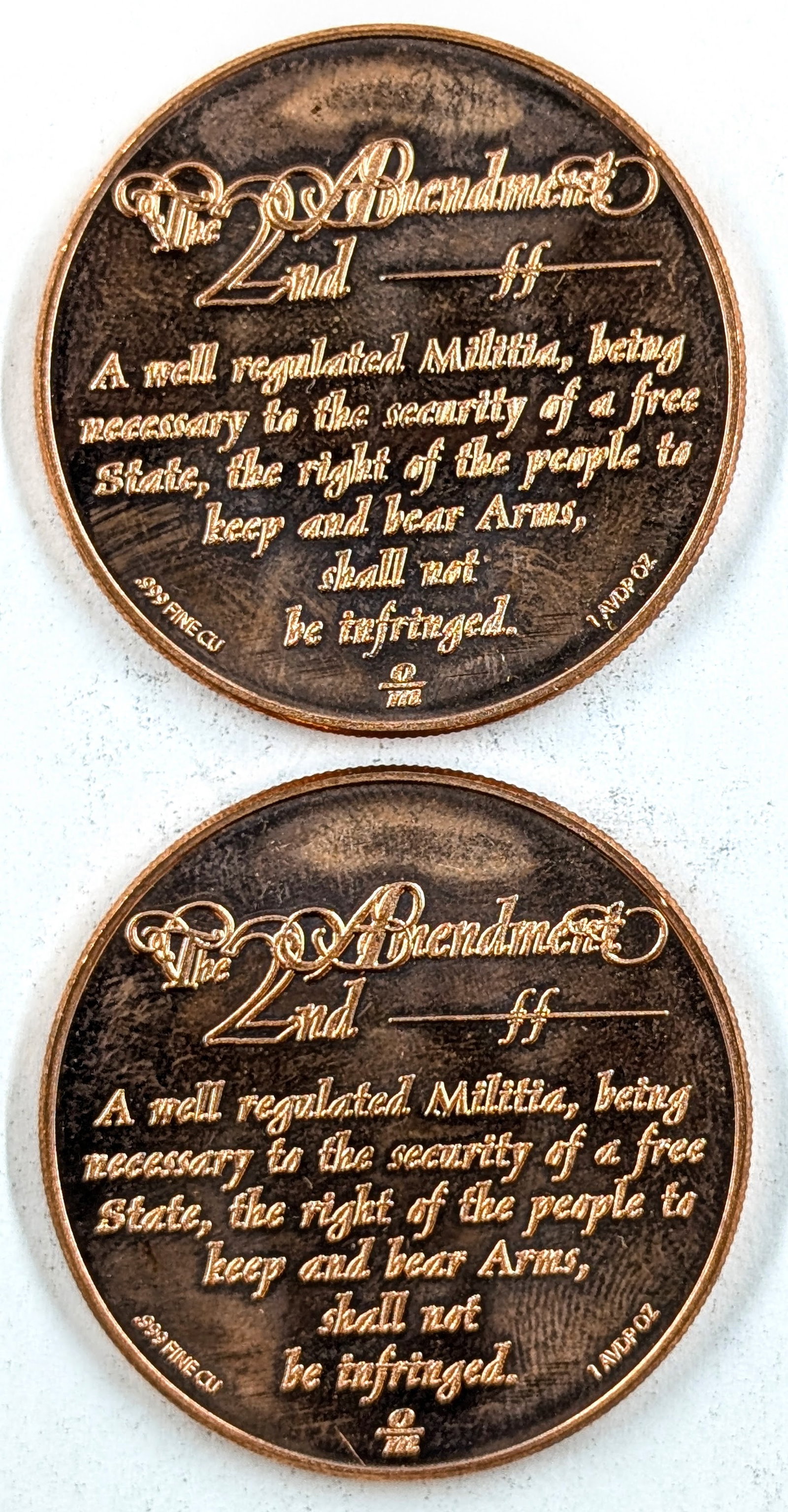 Lot of 2 - 1 Ounce (each) Fine .999 Copper Rounds- The 2nd Amendment - 2