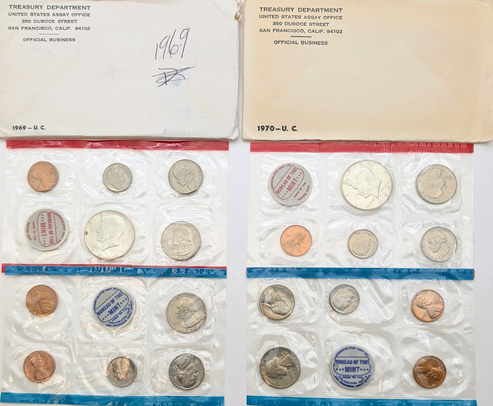 Lot of 2 US Mint Uncirculated Sets w/ Silver JFK Half- 1969, 1970: 40% Silver