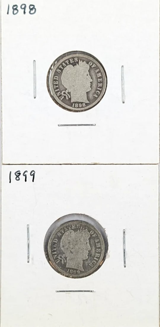 Lot of 2 Silver Barber Dimes - 1898, 1899: _