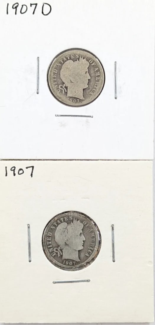 Lot of 2 Silver Barber Dimes - 1907 D/P: _