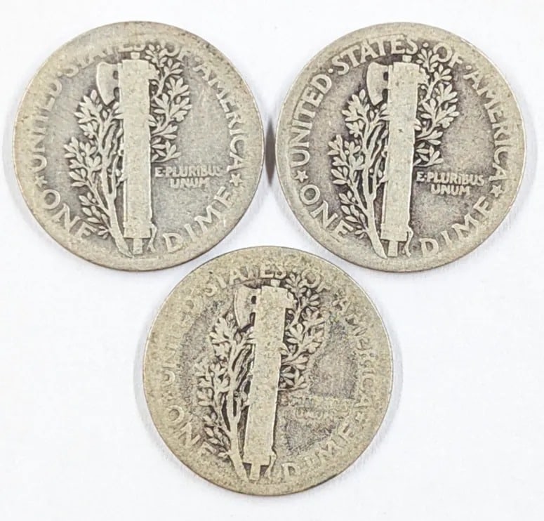 Lot of 3 Silver Mercury Dimes - All 1923 - 2