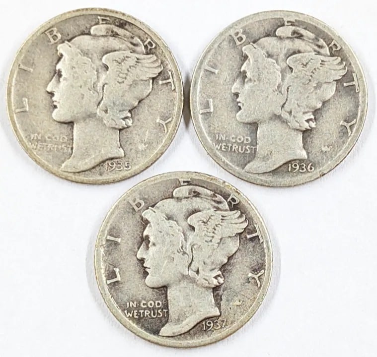 Lot of 3 Silver Mercury Dimes - 1935, 1936, 1937: _
