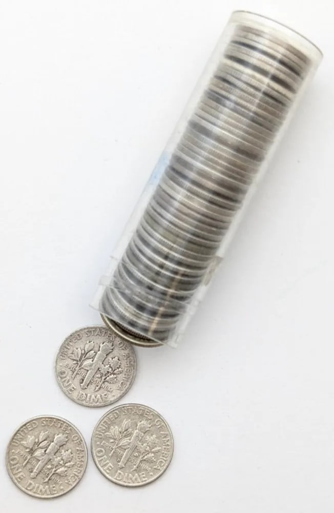 Tube of 50 Silver Roosevelt Dimes- Mixed Dates - 2
