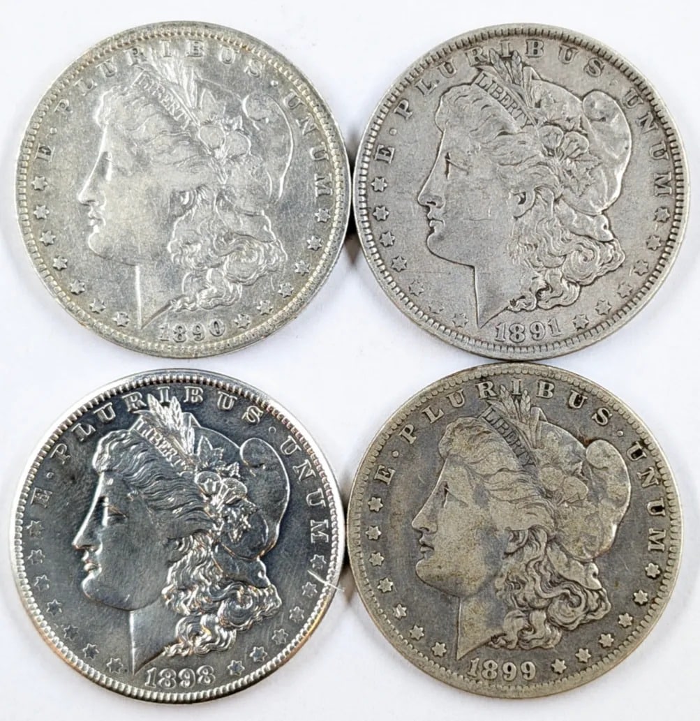 Lot of 4 Morgan Silver Dollars - 1890-1899: _