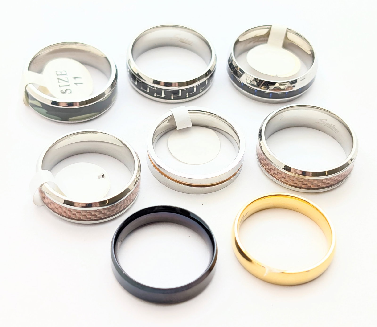 Lot of 8 New Stainless Steel Unisex Ring Bands: Mixed Sizes