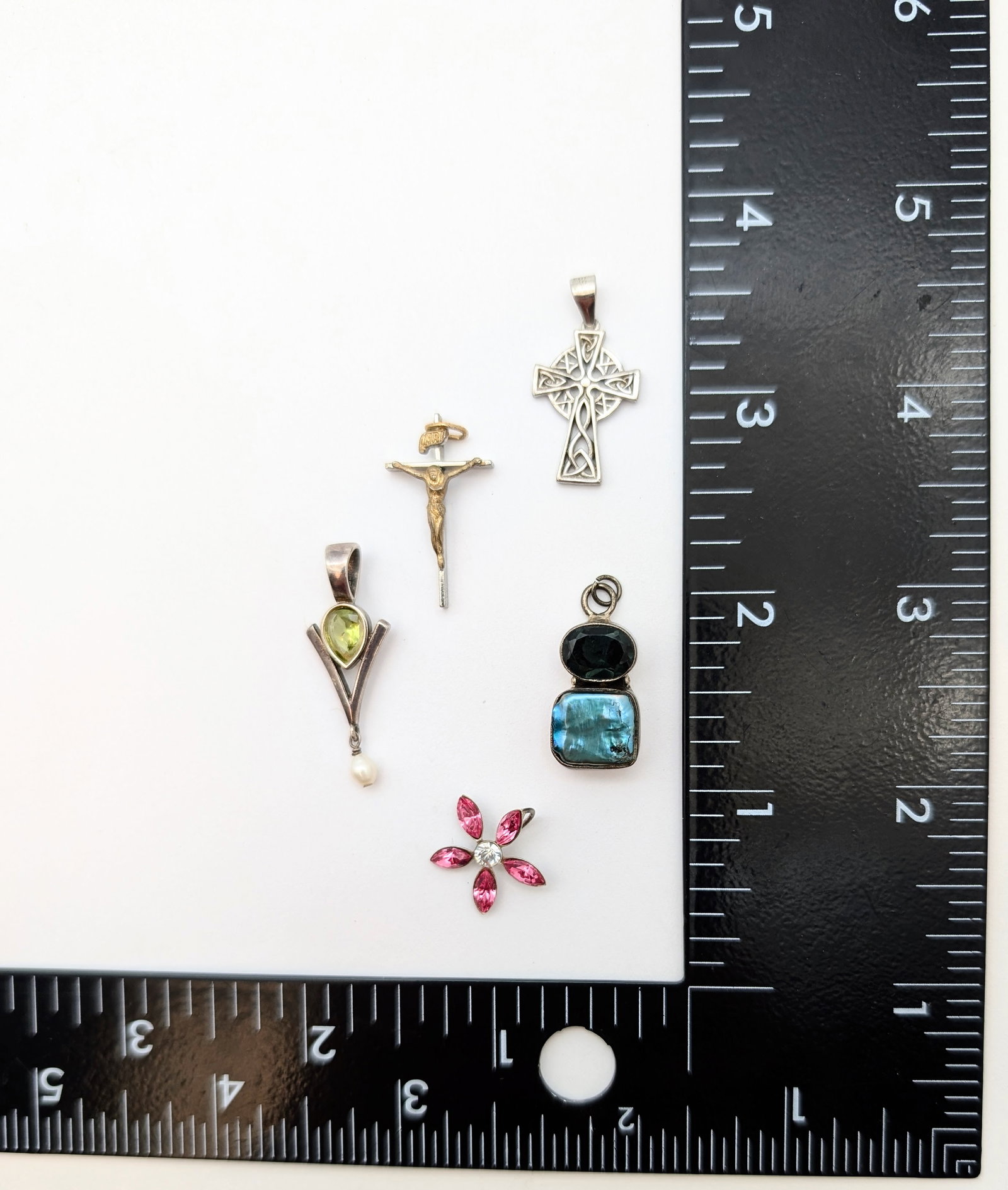 Lot of 5 Sterling Silver Pendants- Flower, Art Deco, Cross, etc - 8