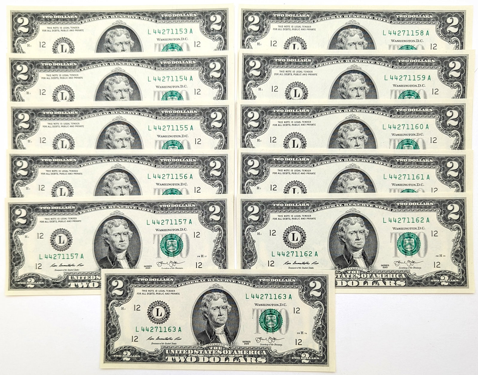 Lot of 11- Uncirculated Sequential 2013 $2 Notes - Green Seals: Uncirculated