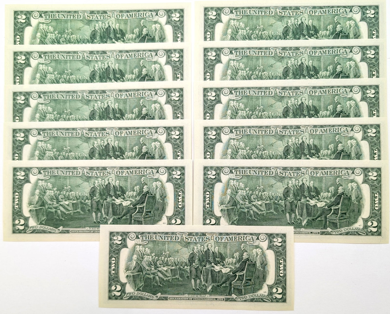Lot of 11- Uncirculated Sequential 2013 $2 Notes - Green Seals - 2