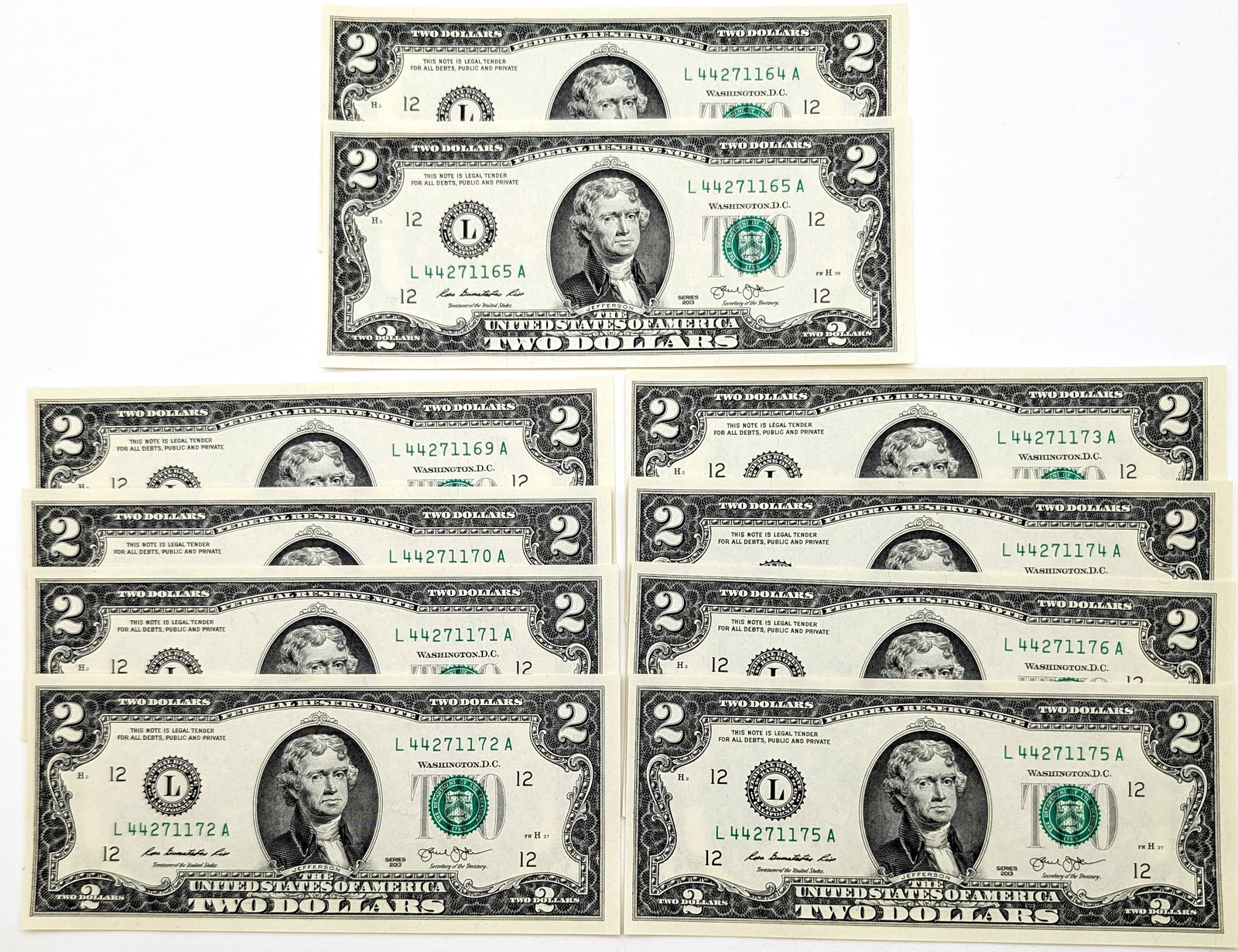 Lot of 10- Uncirculated Sequential 2013 $2 Notes - Green Seals: Uncirculated
