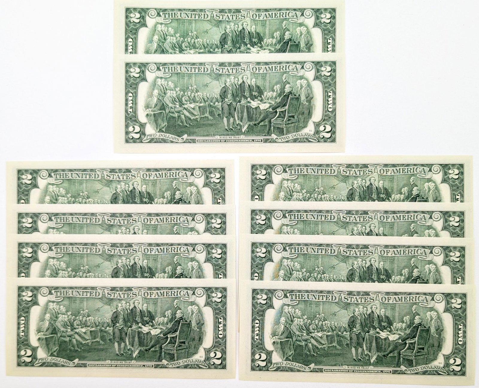 Lot of 10- Uncirculated Sequential 2013 $2 Notes - Green Seals - 2