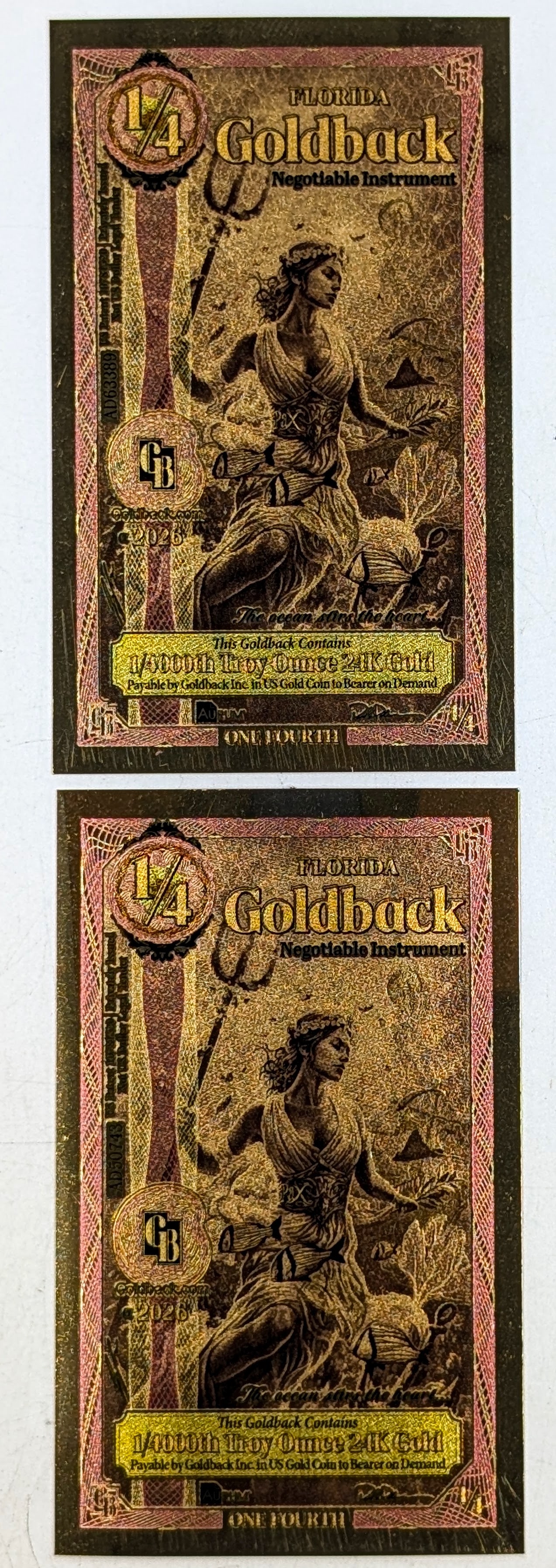 Lot of 2 - 2026 1/4 Florida Goldbacks 1/40000th Troy Ounce 24K Gold each: _