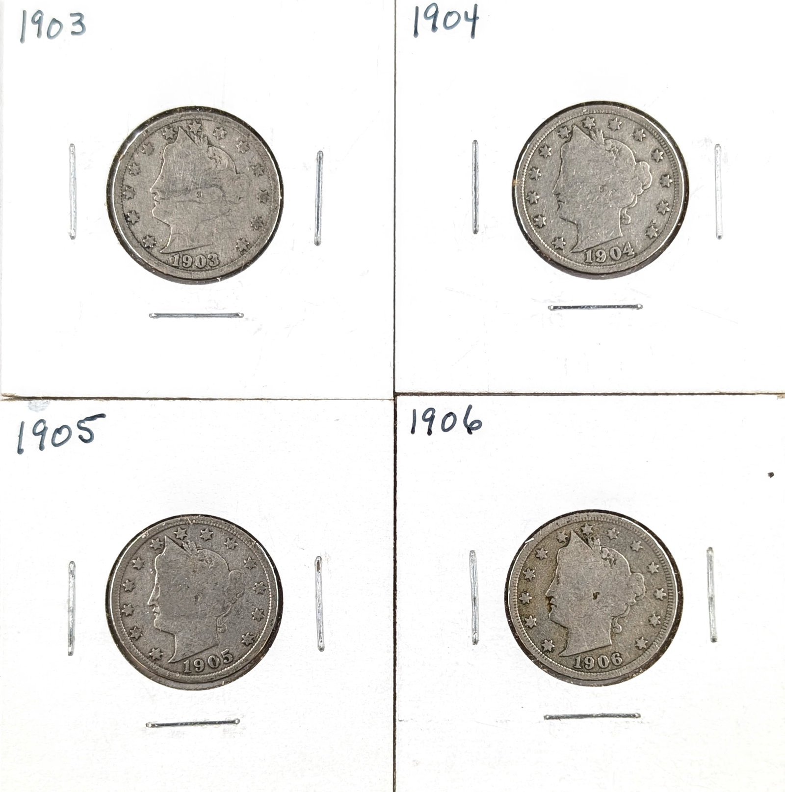 Lot of 4- V Nickels- 1903-1906: _