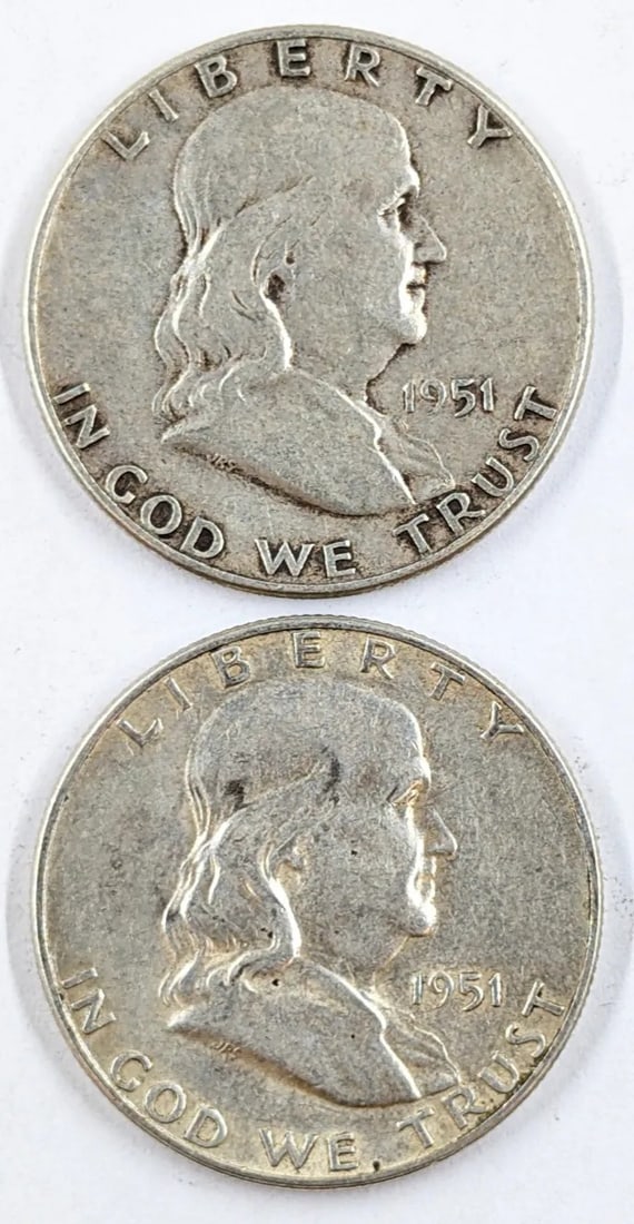 Lot of 2 Silver Franklin Half Dollars - 1951 P/S: _