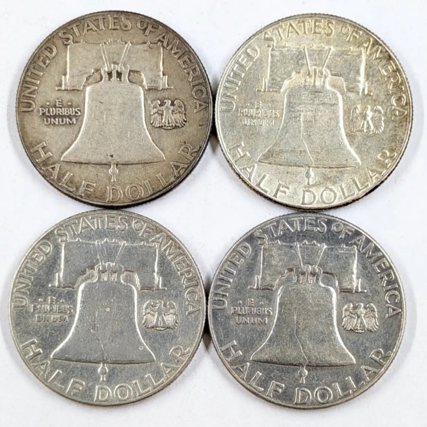 Lot of 4 Silver Franklin Half Dollars - All 1958, Some Toned - 2