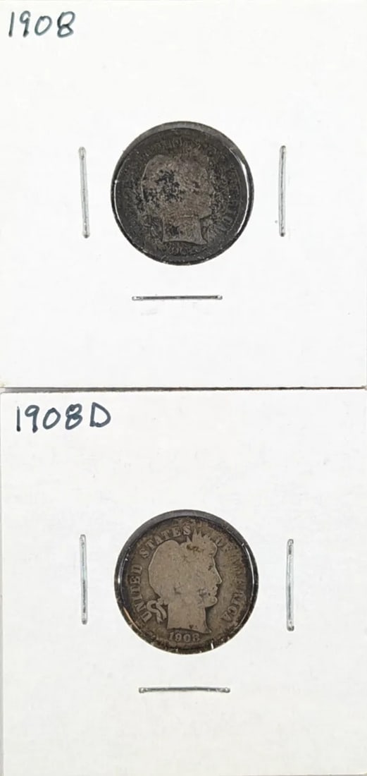 Lot of 2 Silver Barber Dimes - 1908 P/D: _