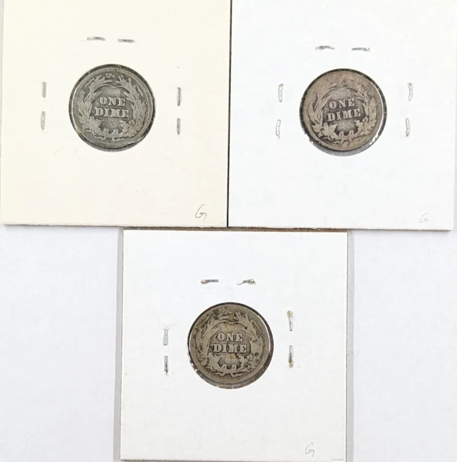 Lot of 3 Silver Barber Dimes - 1901, 1905, 1906 - 2