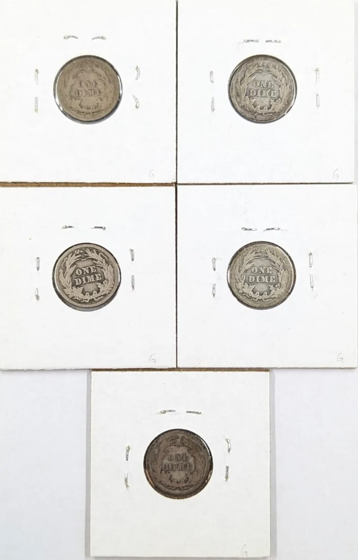 Lot of 5 Silver Barber Dimes- 1908-1915 - 2