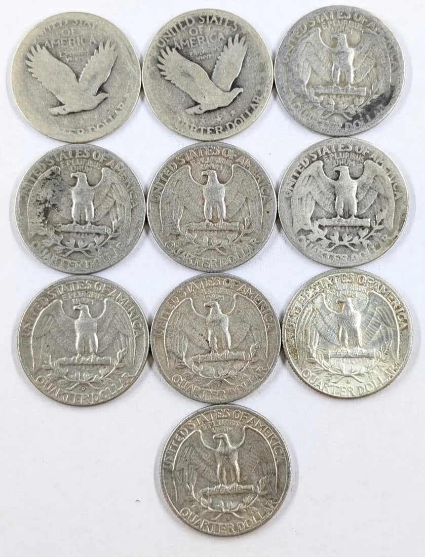 Lot of 10 Silver Quarters - 2 Standing, 8 Washington 1940-1964 - 2