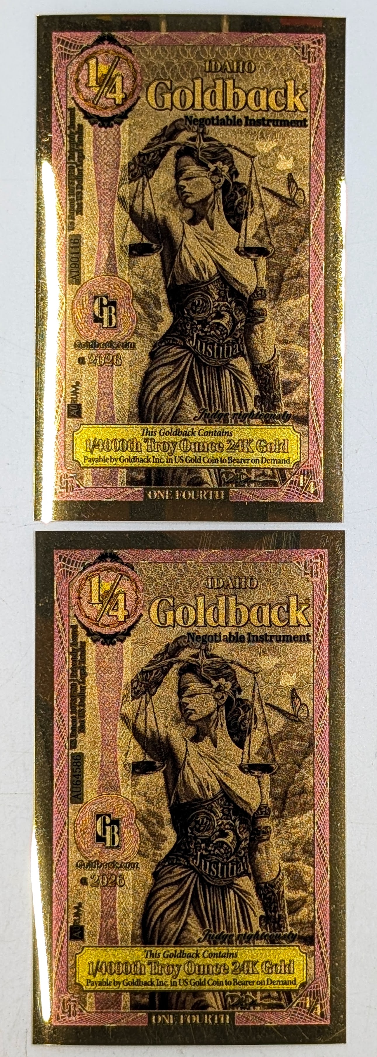 Lot of 2 - 2026 1/4 Idaho Goldbacks 1/40000 th Troy Ounce 24K Gold each: _