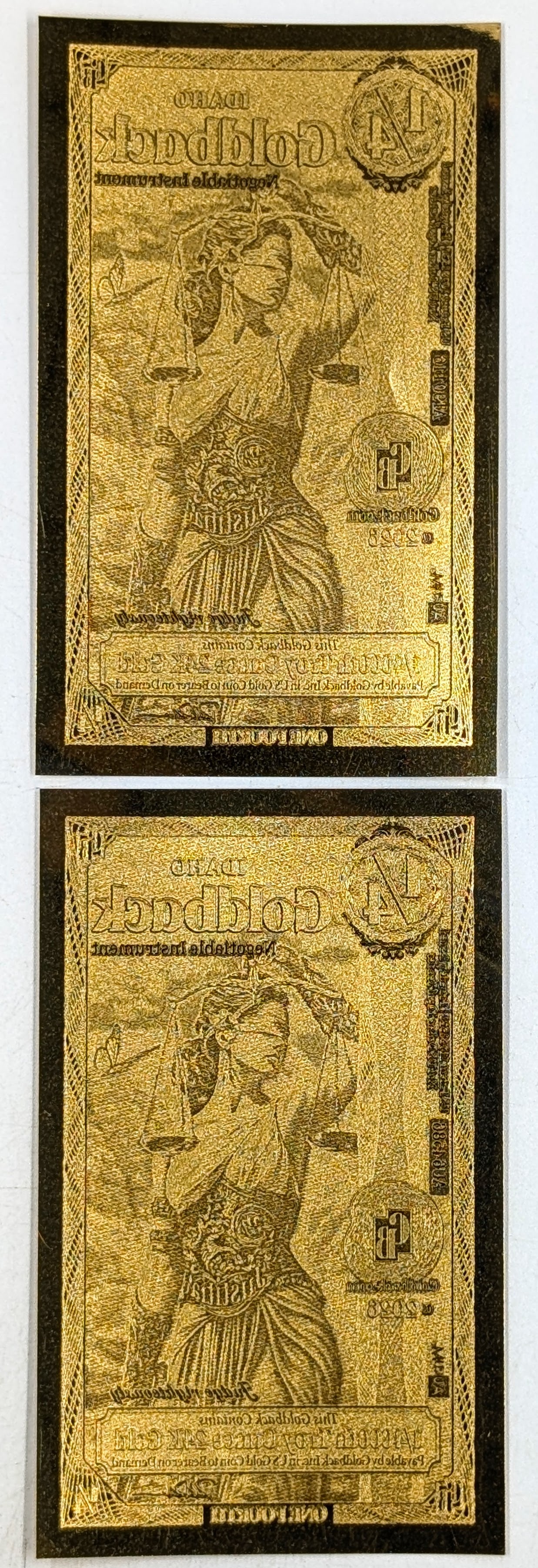 Lot of 2 - 2026 1/4 Idaho Goldbacks 1/40000 th Troy Ounce 24K Gold each - 2